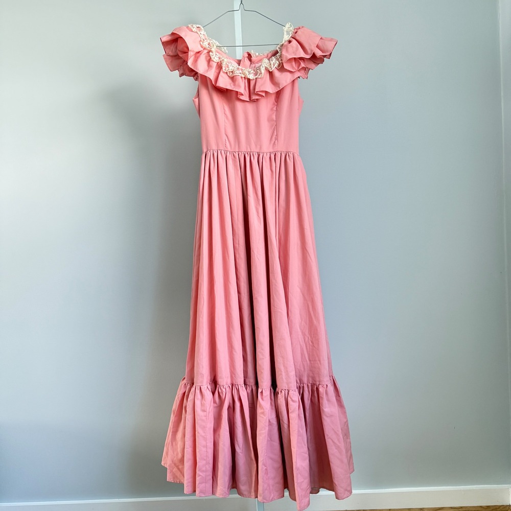 VTG Victorian Pink Renaissance Ruffle Lace Prairie Maxi Dress Cottagecore Gown - Picture 2 of 9